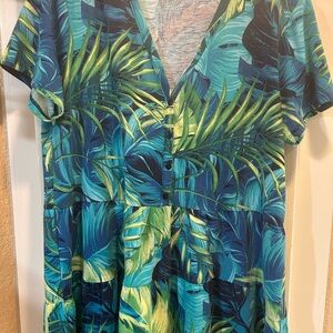 Tropical Leaf Print V-Neck Button top in Teal & Green by DG 2